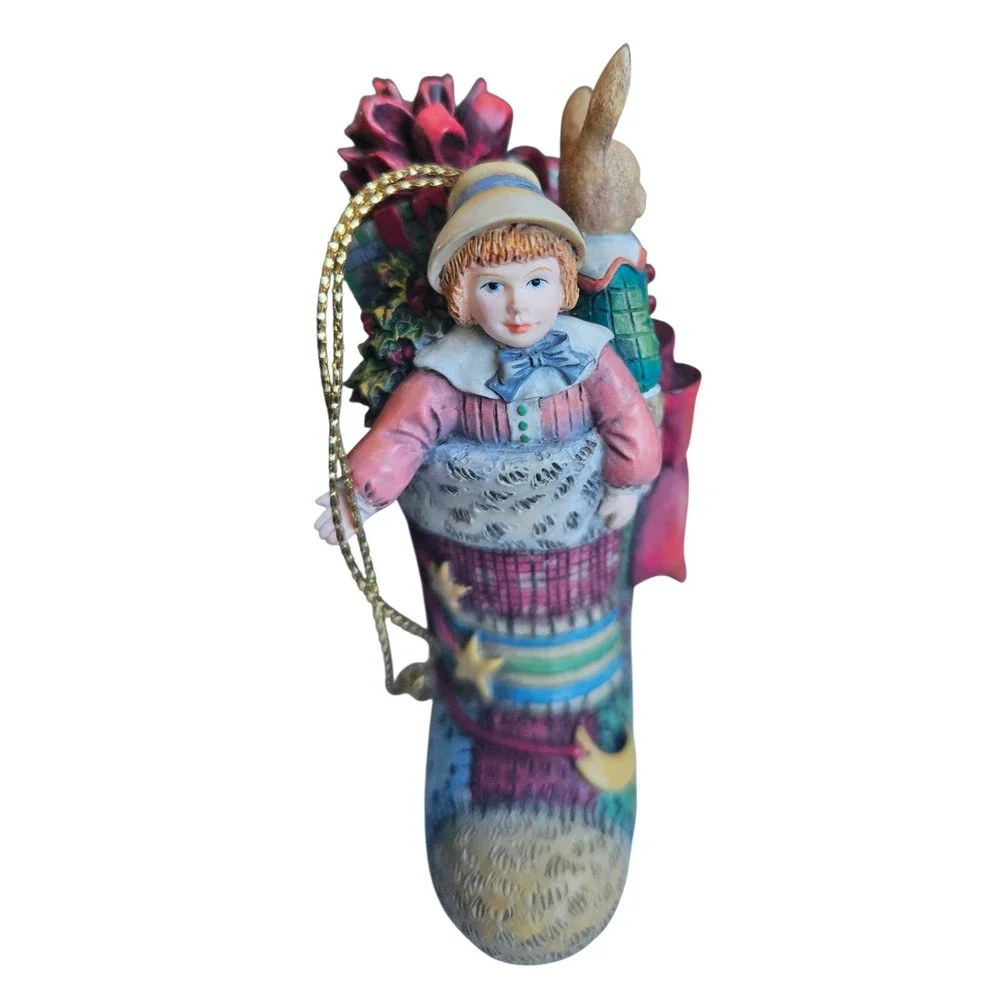 Collectible Christmas Stocking Ornament Figurine with Child and Bunny 1999‎